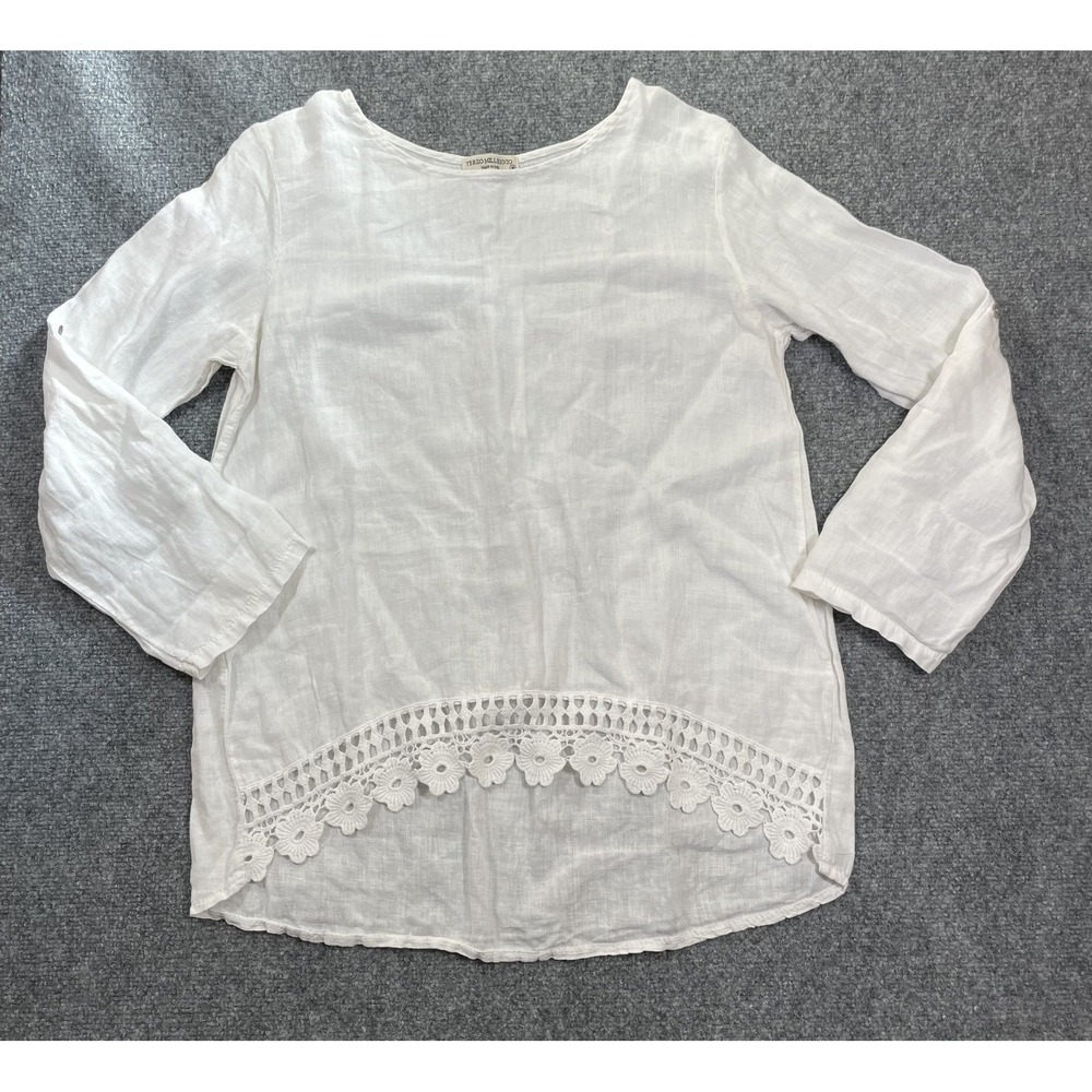 Terzo Millennio Tunic Top Womens Medium White Linen Crochet Lace Trim Italy